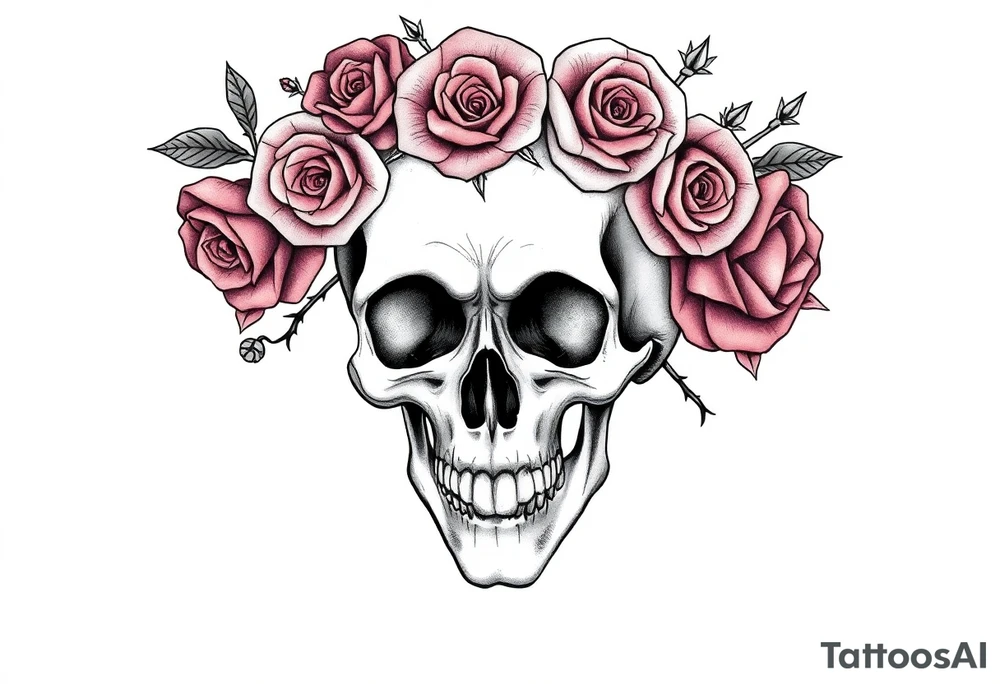 ornate skull adorned with crown of wild roses and thorns tattoo idea