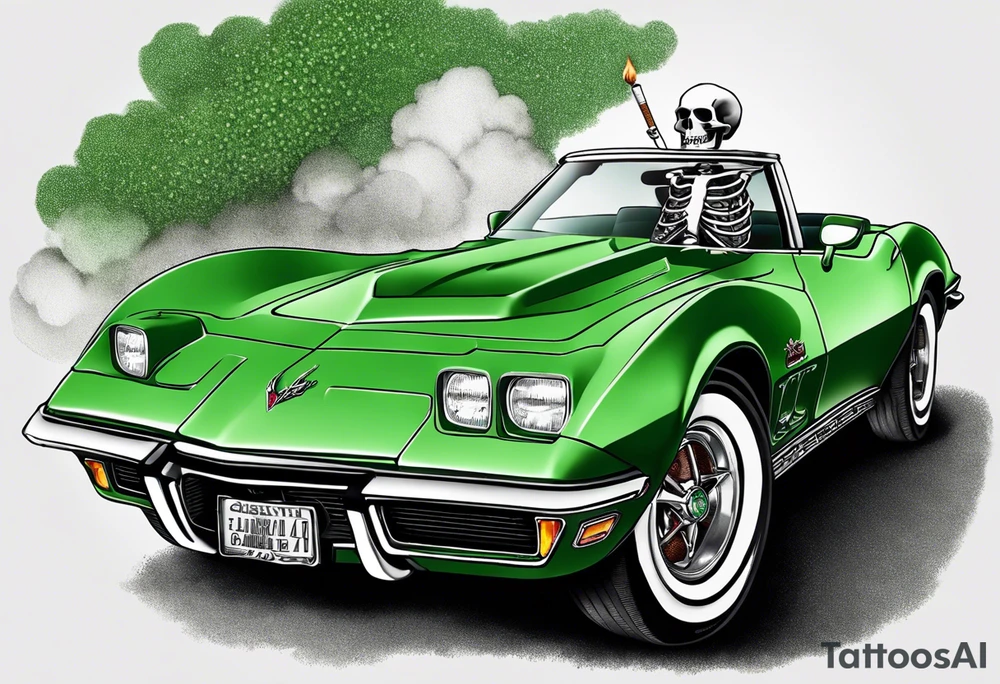Skeleton smoking a cigarette driving a green 1976 convertible Corvette tattoo idea