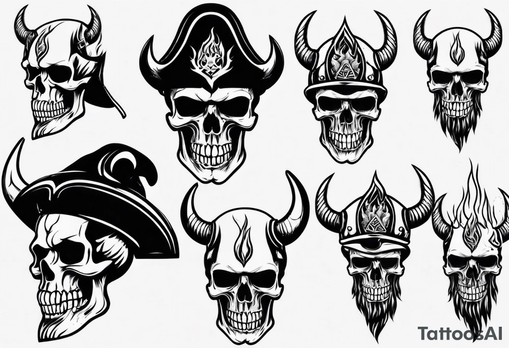 Skull head with viking hat and flames tattoo idea