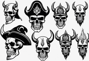Skull head with viking hat and flames tattoo idea
