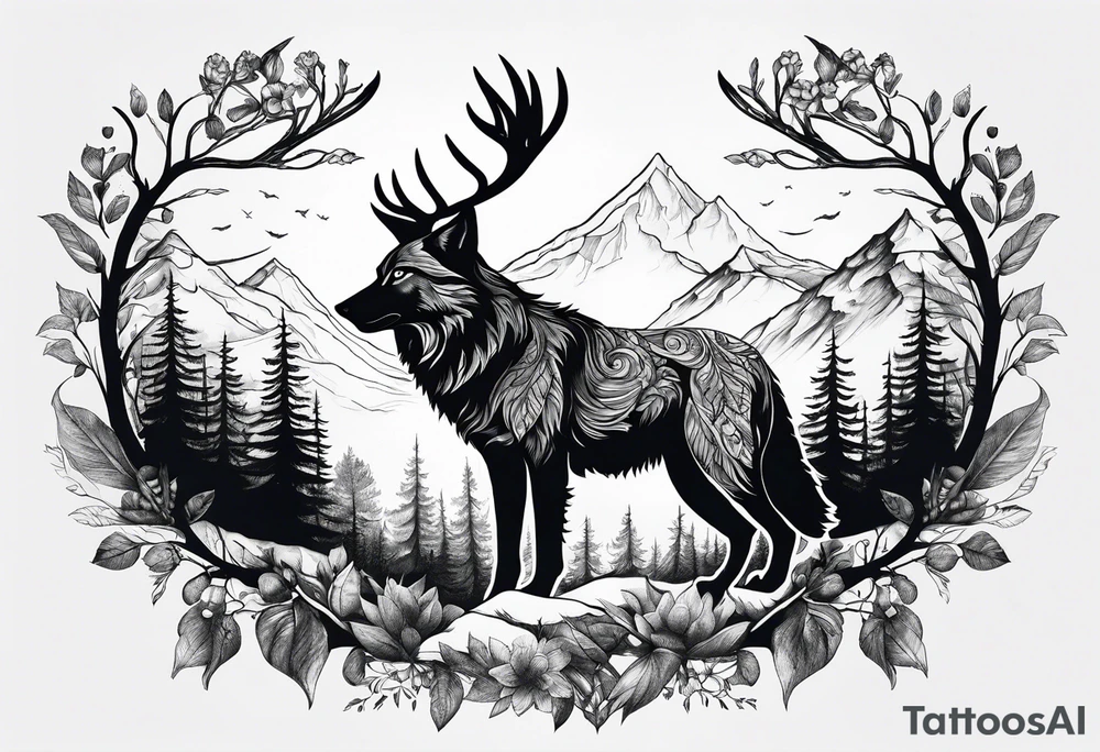 landscape with wolf and stag tattoo idea