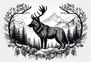 landscape with wolf and stag tattoo idea