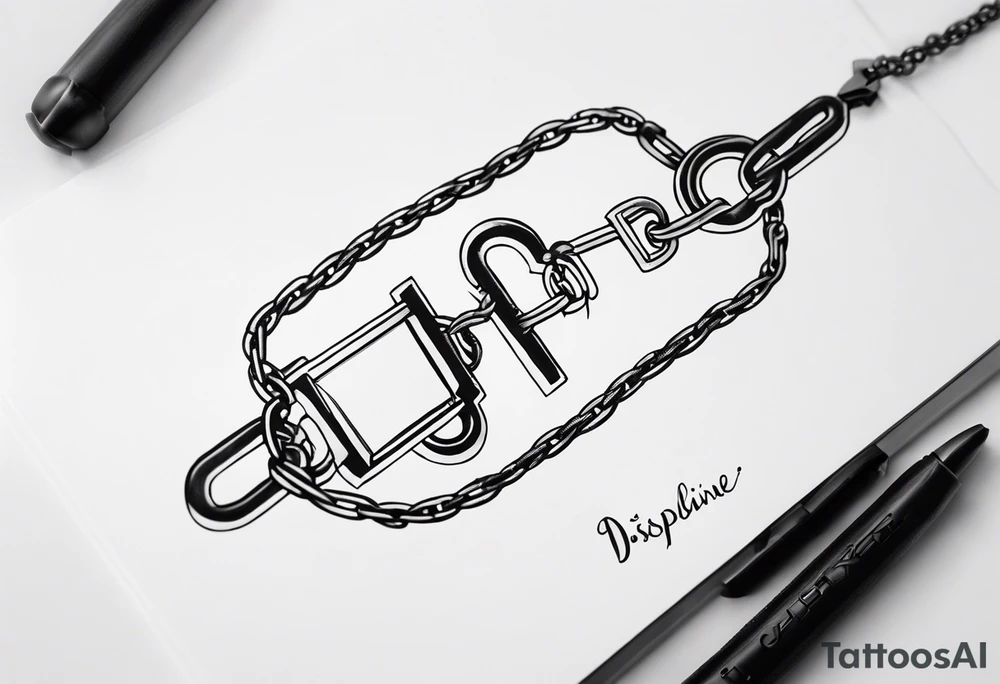 Tattoo of the word 'Self discipline' tied on both ends with metal chains and connected in the middle with a lock tattoo idea