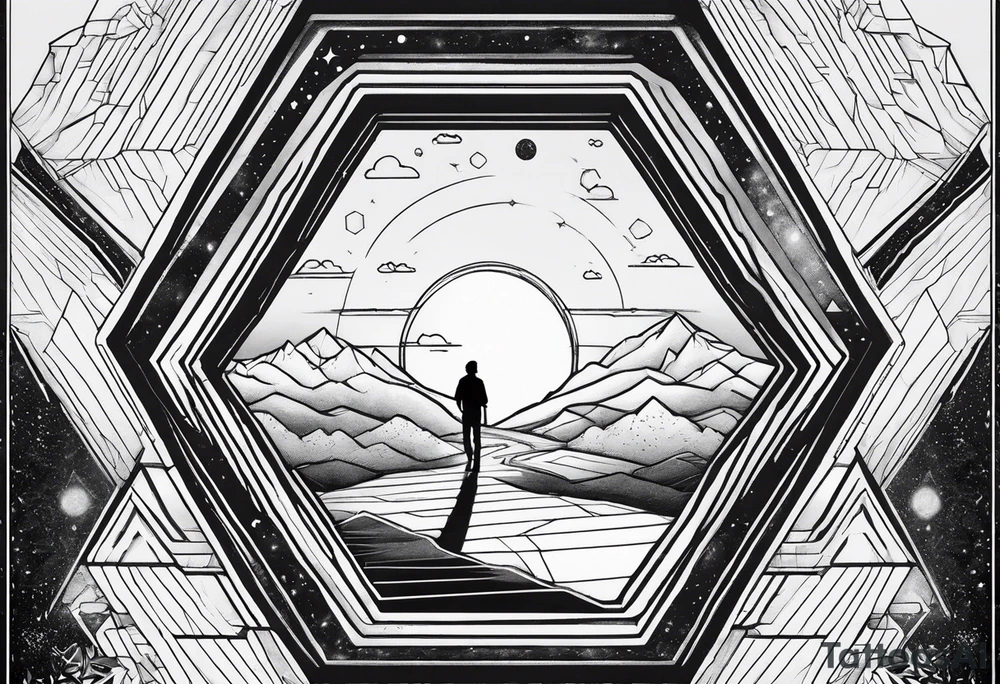 Hexagon shape, Universe inside, line under as a road. Father holding hand of his son at begin of this road tattoo idea