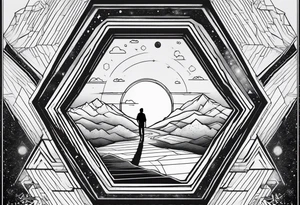 Hexagon shape, Universe inside, line under as a road. Father holding hand of his son at begin of this road tattoo idea