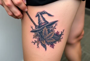 Which is broom with handle
 a witches hat with fall maple leaves and vines tattoo idea