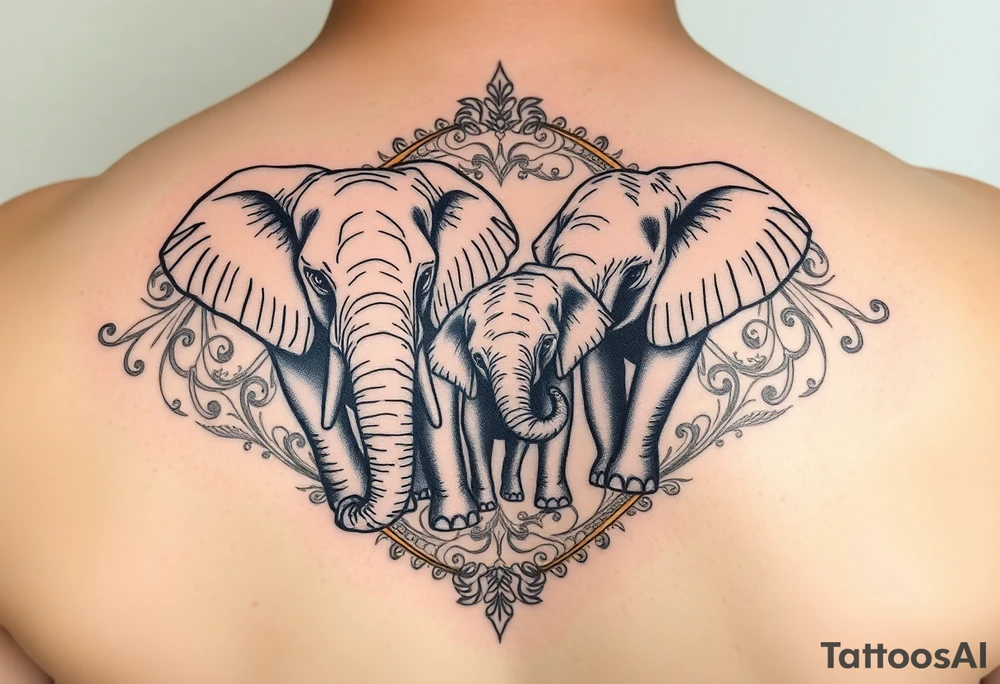couple of elphants, a mother and a child
 facing foward tangling their trunks
sorrounded by a golden  art frame with beautiful design tattoo idea