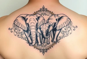 couple of elphants, a mother and a child
 facing foward tangling their trunks
sorrounded by a golden  art frame with beautiful design tattoo idea