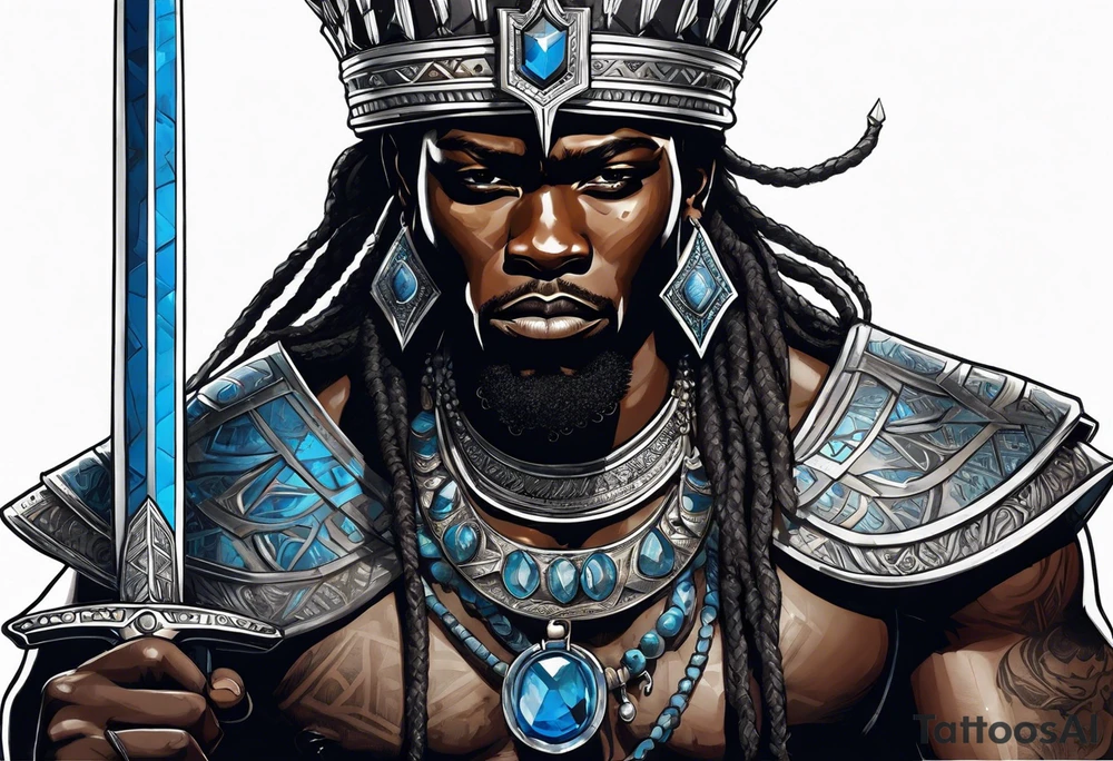 Black-skinned african warrior king with a simple silver crown. He uses blue necklaces and has a sword tattoo idea