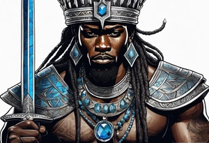 Black-skinned african warrior king with a simple silver crown. He uses blue necklaces and has a sword tattoo idea