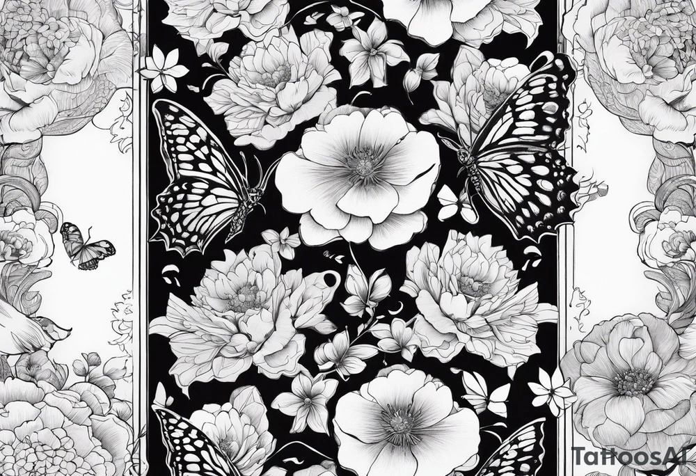 Life to death sleeve with butterflies and flowers tattoo idea