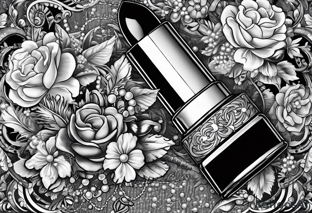 1950s lipstick tube wrapped in pearls and flowers with bows and lace tattoo idea