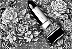 1950s lipstick tube wrapped in pearls and flowers with bows and lace tattoo idea