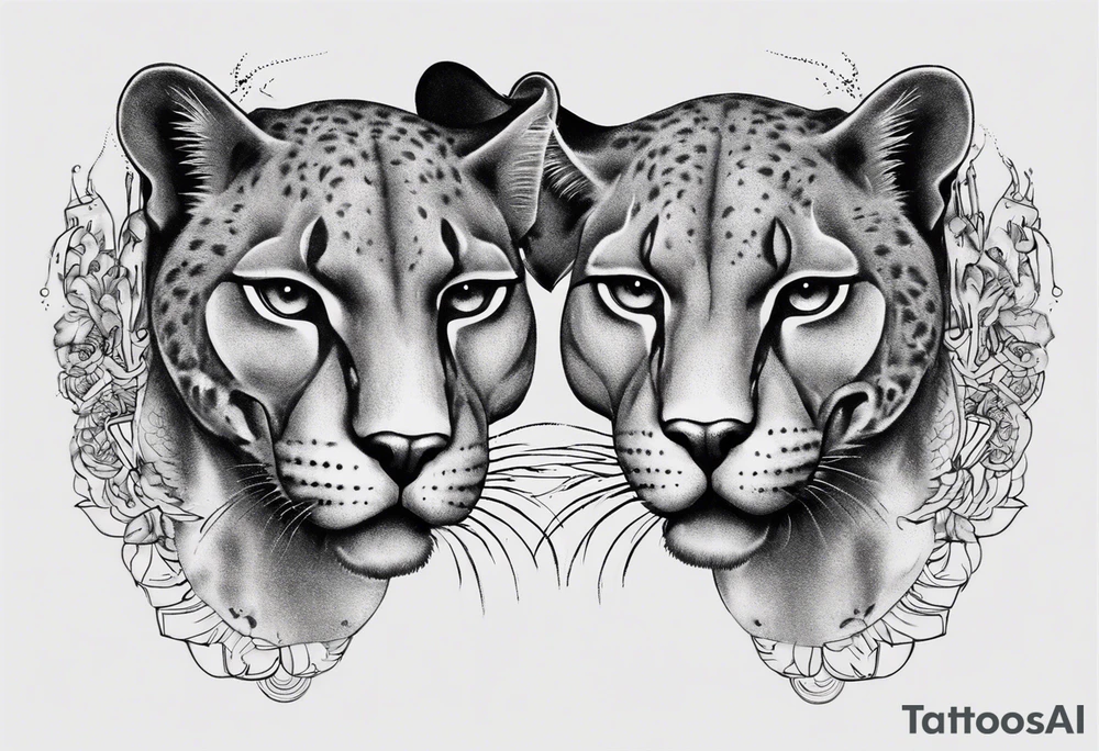 Generate a tattoo concept with two black pumas flanking a central element. Position the pumas side by side, facing outward, mirroring each other's stance. tattoo idea