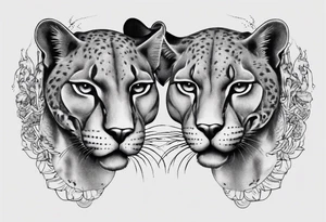 Generate a tattoo concept with two black pumas flanking a central element. Position the pumas side by side, facing outward, mirroring each other's stance. tattoo idea