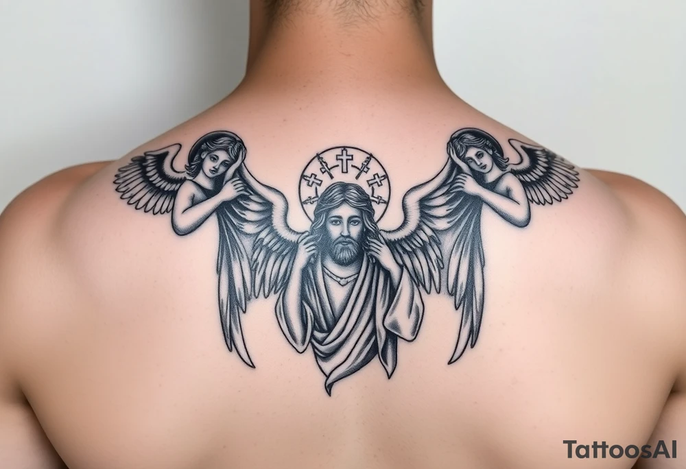 russian orthodox symmetrical guardian angel icon on left and right side of back with both angels holding up a jesus potrait tattoo idea