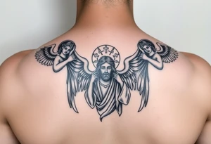 russian orthodox symmetrical guardian angel icon on left and right side of back with both angels holding up a jesus potrait tattoo idea