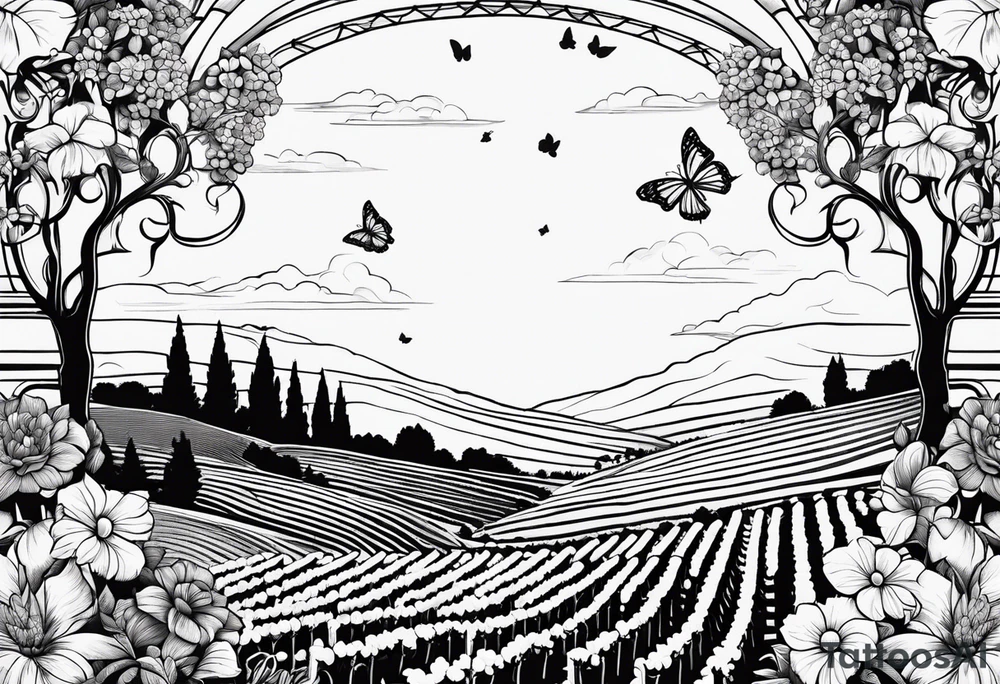 Majestic vineyard with flowers and butterflies tattoo idea