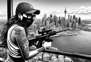 Woman wearing a ski mask holding a gun with graffiti as the background and a scenic view of Sydney city tattoo idea