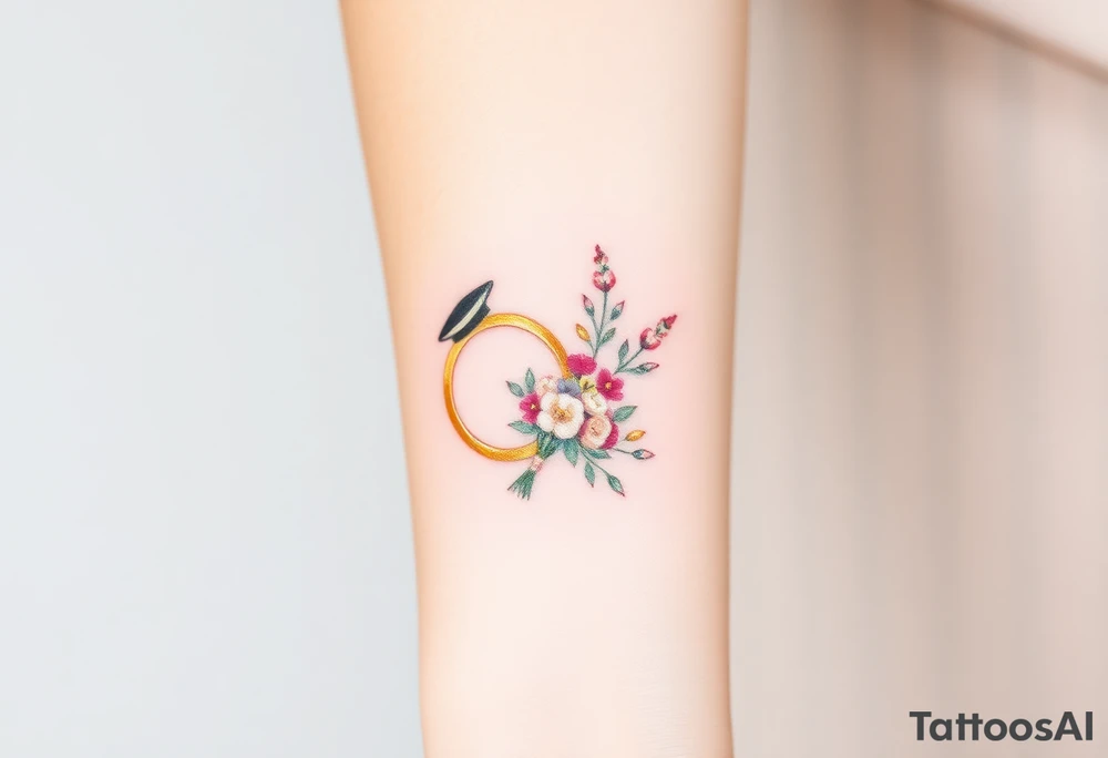 two golden wedding rings with top hat and wedding bouquet tattoo idea