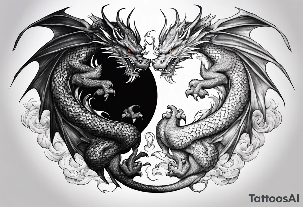 Ying yang dragons in a fighting eachother , with full bodies tattoo idea