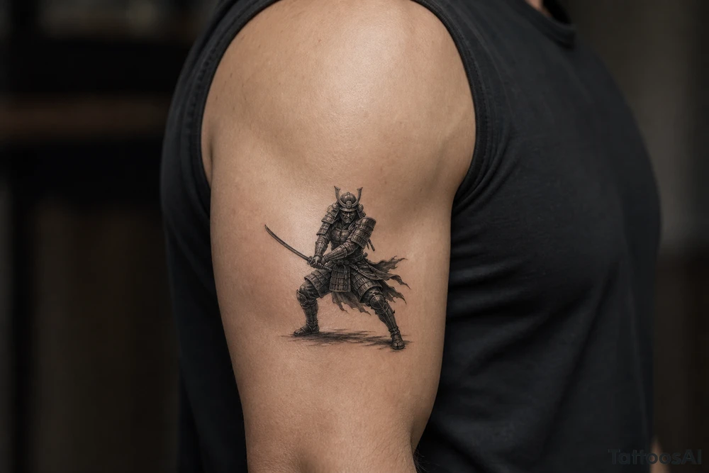 Full body samurai warrior in black and grey, mask prominent, dynamic battle pose, muted tones. tattoo idea