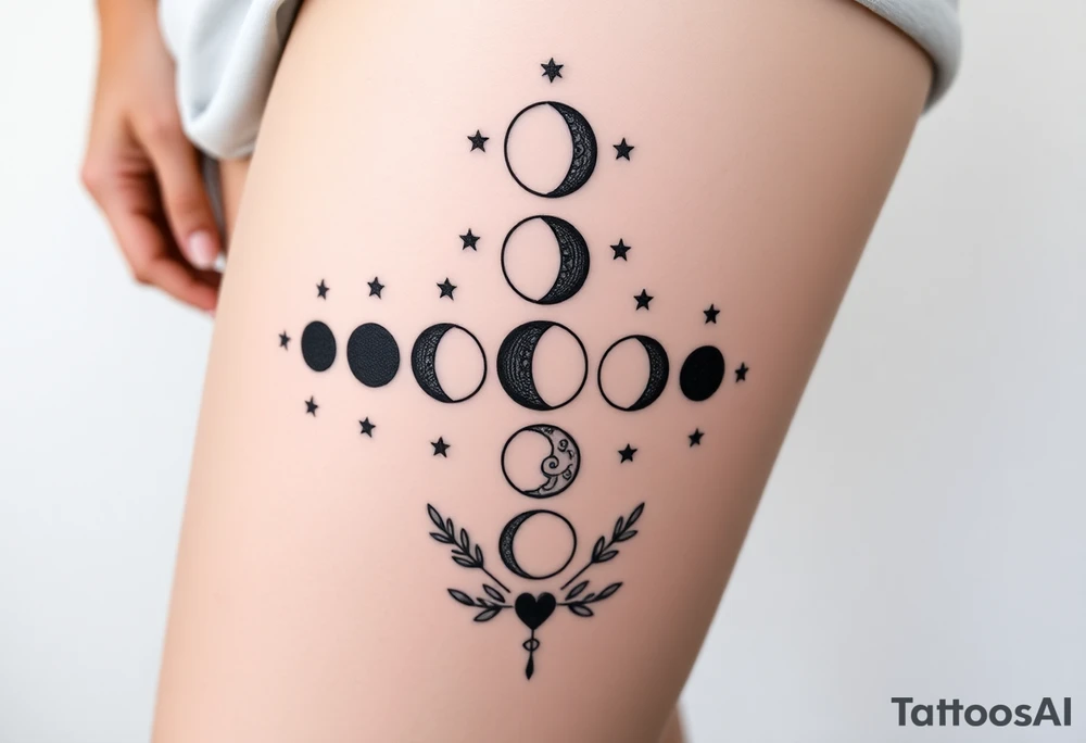 the 9 moon phases lined up vertically with stars and olive branches tattoo idea