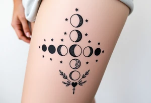 the 9 moon phases lined up vertically with stars and olive branches tattoo idea