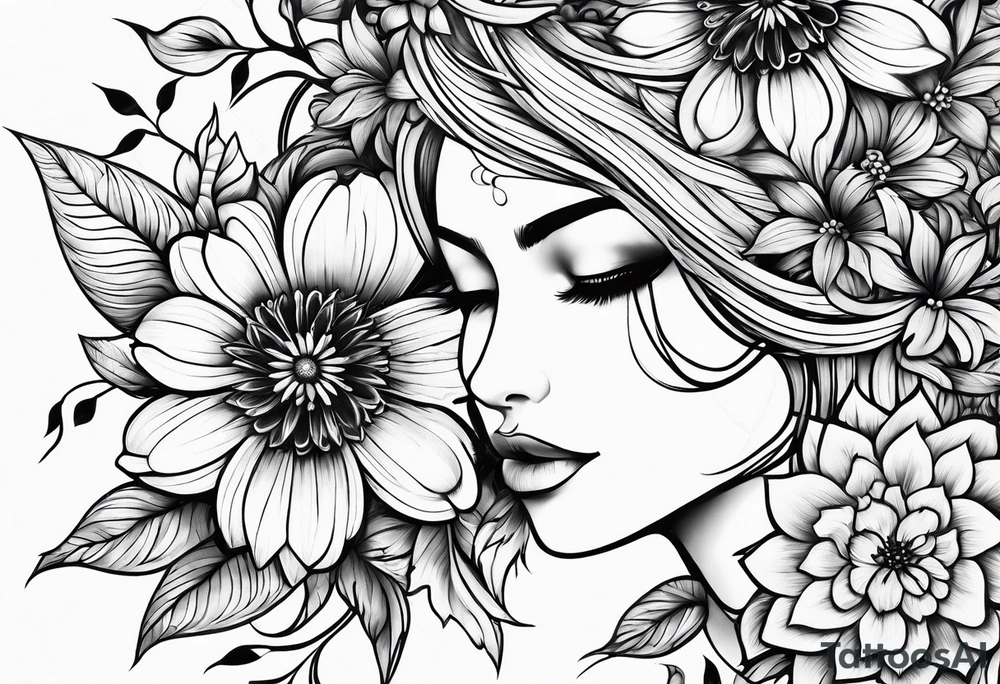 pen intertwined flowers tattoo idea