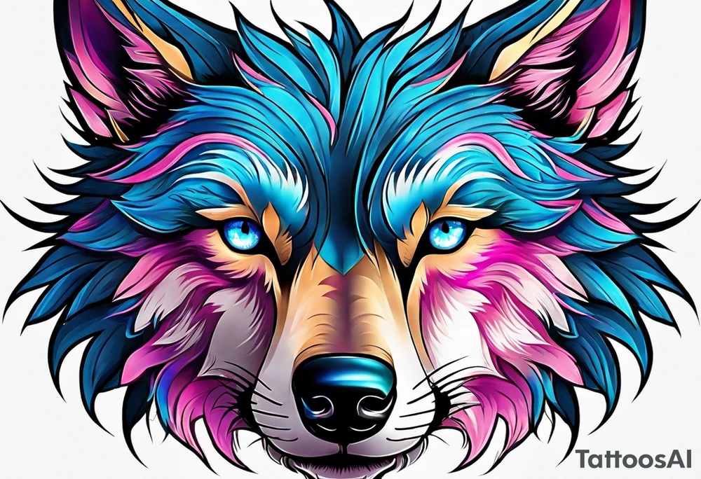 strong wolf gentle eyes one eye blue one eye pink tattoo idea