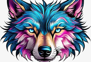 strong wolf gentle eyes one eye blue one eye pink tattoo idea