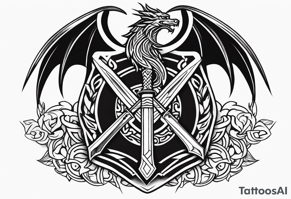 Valhalla sword shield dragon axe Valknut tattoo idea