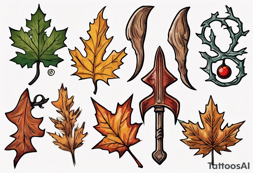 A druid sickle with a oak leaf in the spring, a birch leaf in the summer, a maple leaf with fall colors, and a pine leaf in the winter tattoo idea