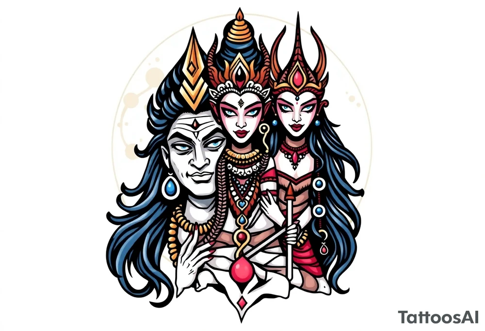 Lord Shiva, Godess Kali, Godess Lilith Together with the moon in the background tattoo idea