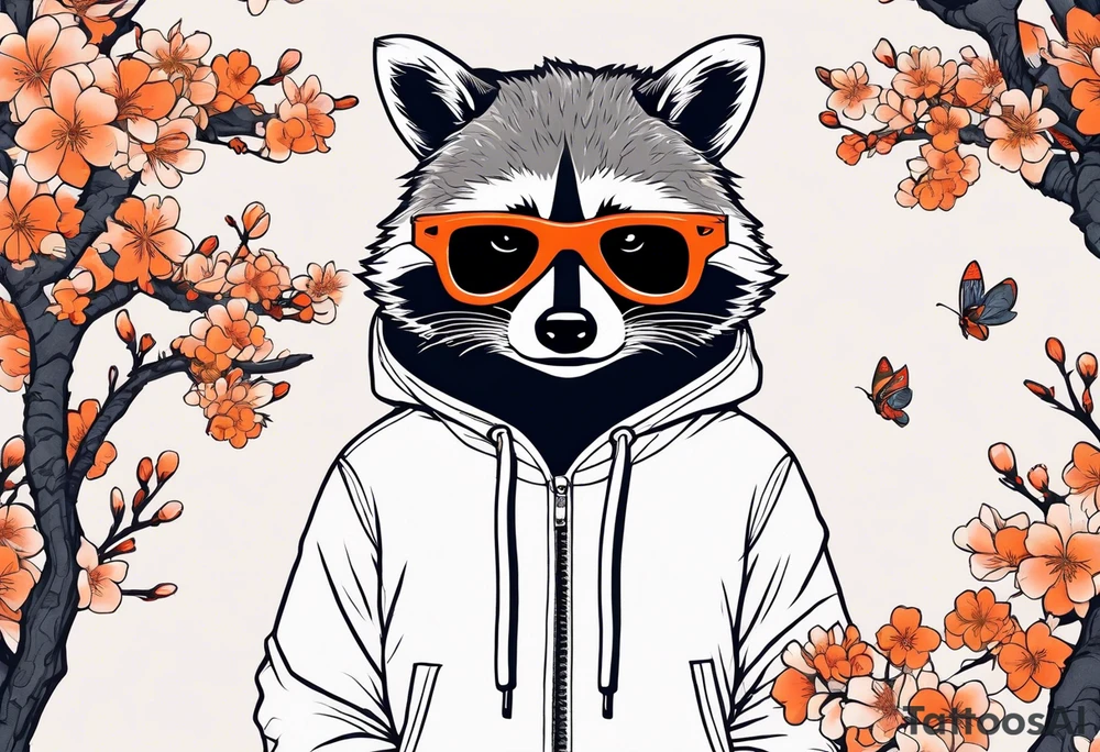 raccoon wearing a Superman hoodie with orange Japanese cherry blossoms tattoo idea