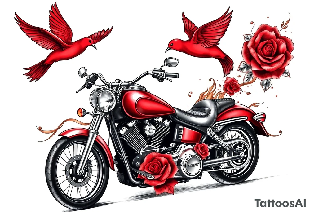 Harley motorcycle driving away, two red birds flying, roses and lace, flames tattoo idea