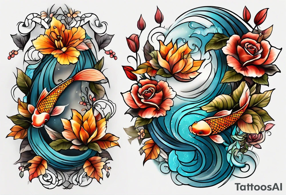 thigh tattoo with fall colors showing, leaves, koi fish, small flowers, roses, water flow, and sky tattoo idea