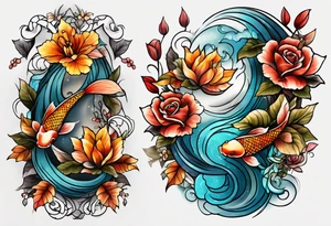 Thigh tattoo with fall colors showing, leaves, koi fish, small flowers ...