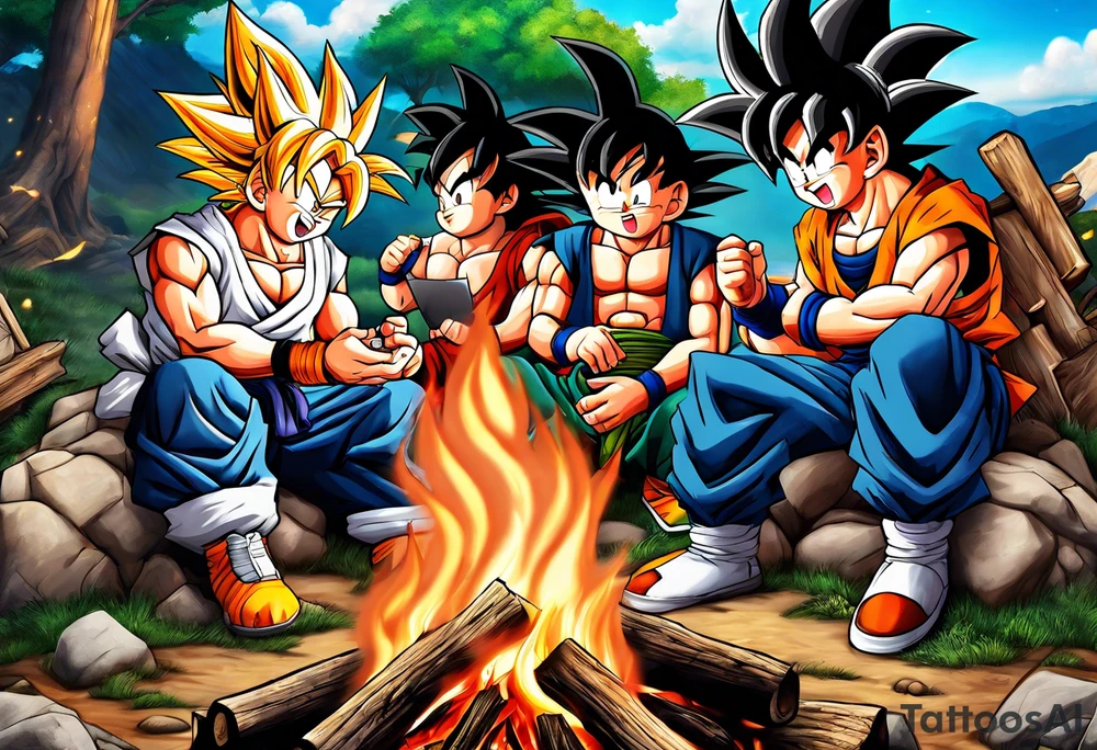 son goku and his friends sitting around a camp fire tattoo idea