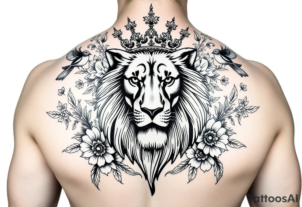 powerful majestic lion with a crown, surrounded by floral ornaments and birds tattoo idea