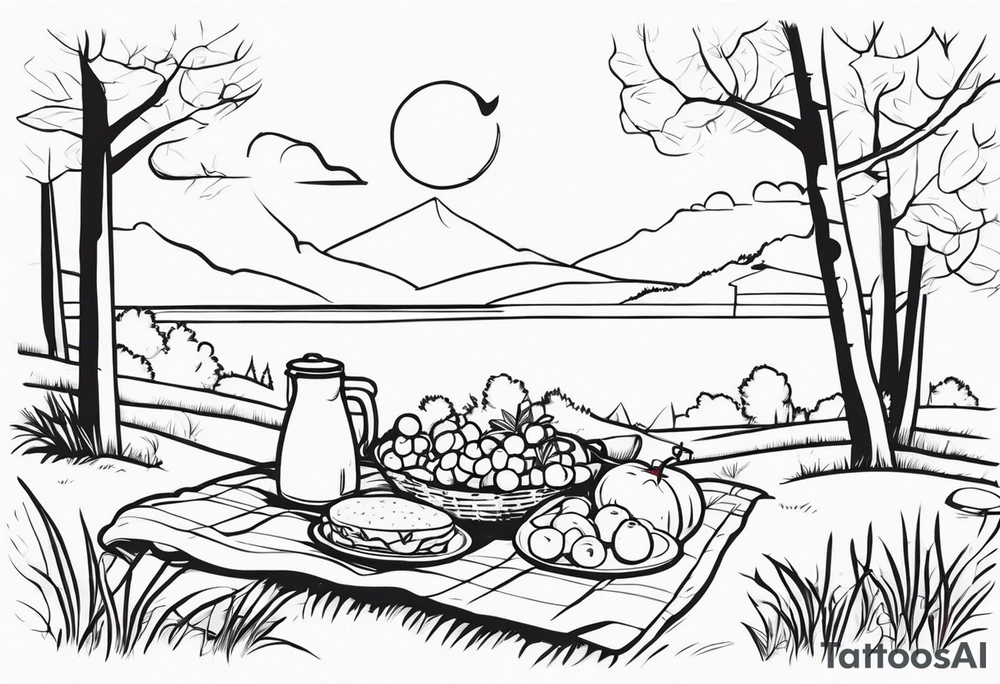 minimalstic picnic scene in nature on a blanket, without food in sight tattoo idea