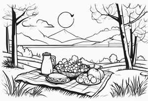 minimalstic picnic scene in nature on a blanket, without food in sight tattoo idea