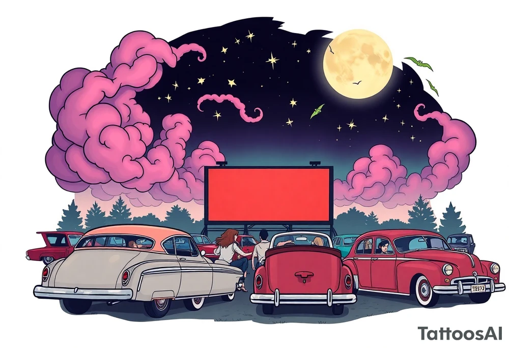 Tim Burton’s 40s drive in movie from outside view has lots of cute pastel vintage cars and couples watching the movie and dripping with muted reds, dusty pinks, and eerie green glow purple and cyan smokey clouds swirl and dance in the moonlit night sky filled with twinkling stars  tattoo idea tattoo idea