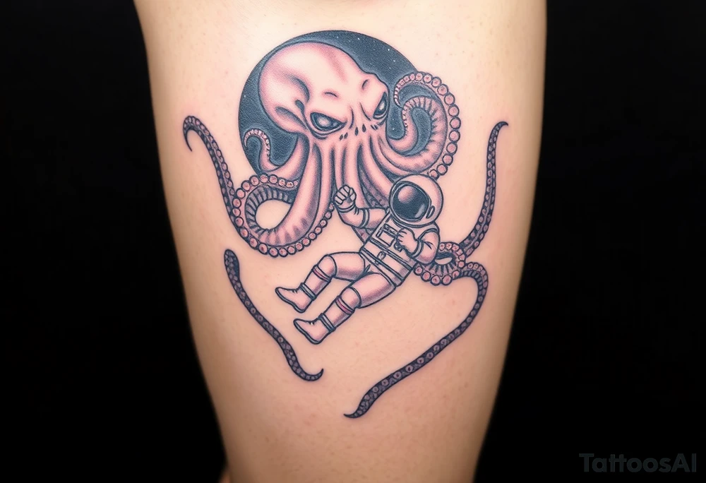 Deep sea kraken octopus, grabbing a astronaut with a space theme background tattoo idea