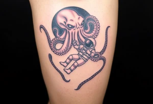 Deep sea kraken octopus, grabbing a astronaut with a space theme background tattoo idea