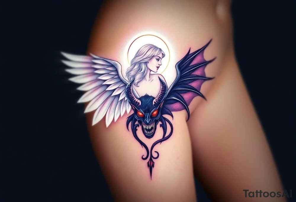 A radiant angel, with soft white wings and a glowing halo, surrounded by light, juxtaposed against a dark demon, with jagged black wings and fiery red eyes, symbolizing the ultimate conflict between good and evil. tattoo idea