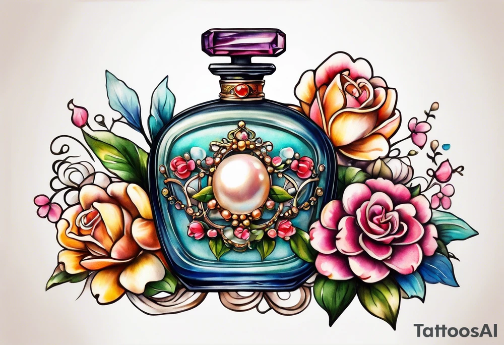 Pearl necklace wrapped around 1950s perfume bottle with flowers and bows surrounding tattoo idea