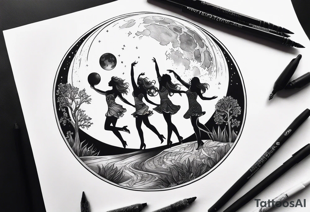 crystal ball that shows three women dancing underneath a full moon tattoo idea crystal ball that shows three women dancing underneath a full moon tattoo idea