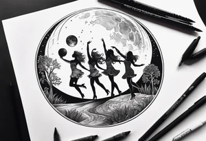 crystal ball that shows three women dancing underneath a full moon tattoo idea
