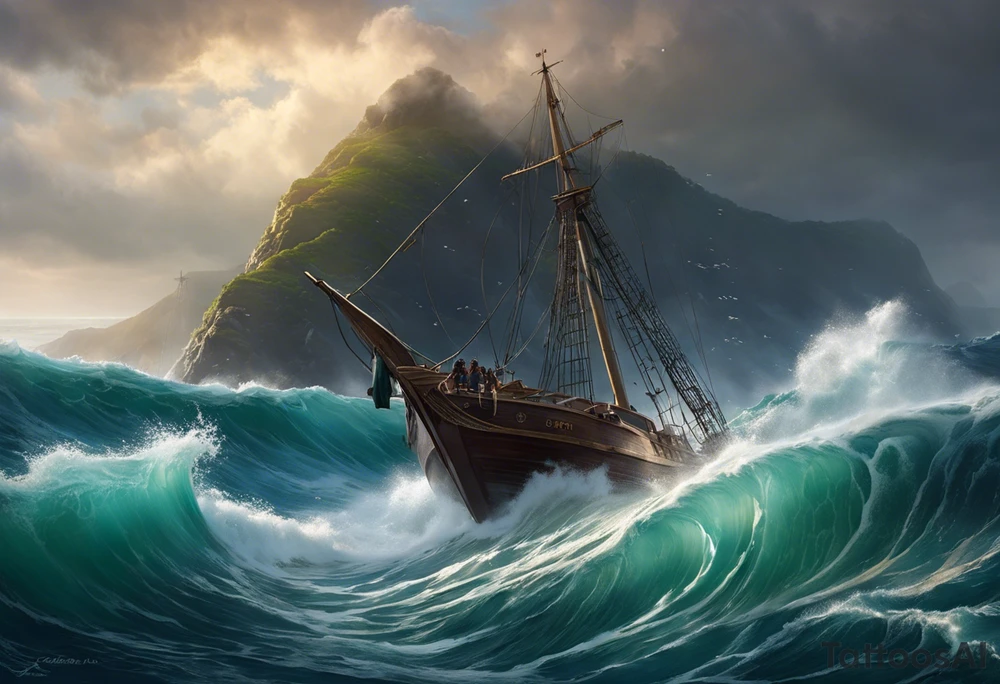 Quiero en todo el brazo derecho lo siguiente:

Será un constrante de mar caótico y tranquilo

En la parte del hombro a poseidon con unas olas de mar caotico y un barco con problemas por las olas

En la parte del antebrazo un buceador con una ballena o tiburon en un arrecife de coral, en un mar muy tranquilo tattoo idea